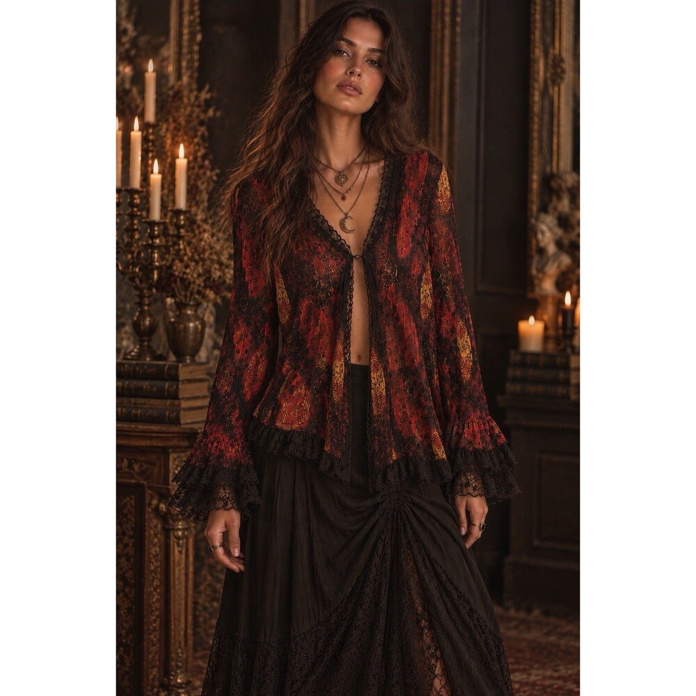 Alberto Makali Sheer Y2K Whimsigoth Edwardian Lace Bell Sleeve Pleated Blouse M